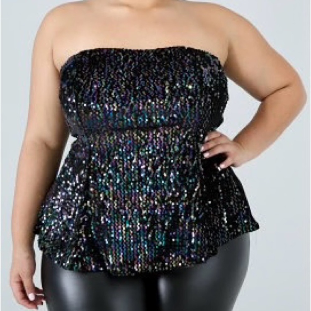 Haute Fox Multi Colored Sequin Strapless‎ Black Top Velvet Back Stretch 1X